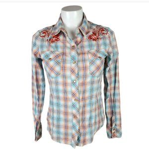 Vigoss Embroidered Plaid Snap Front Shirt Fitted Size Medium Turquoise Orange